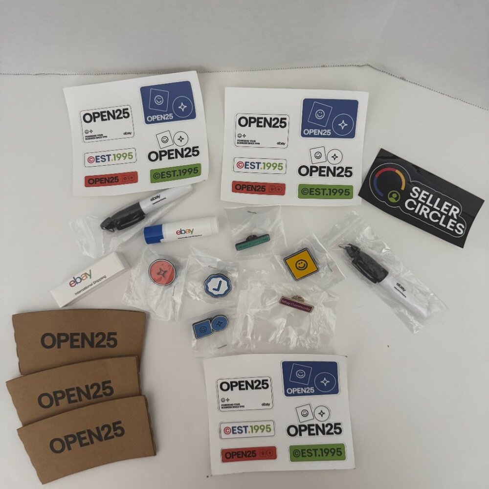 eBay Open 2025 Stickers Coffee Sleeves Pins Mini Markers Lip Gloss Seller Circle